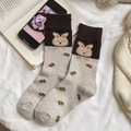 Brown and beige color-block crew socks with cute plush rabbit and carrot patterns - Rabbit(Brown/Cream)