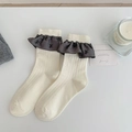 Cream rib-knit mid-calf socks with dark grey lace trim and black bow embroidery - One Size / White