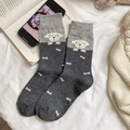 Japanese style grey crew socks featuring cute white dog and bone knitted patterns - Dog(Grey/White)