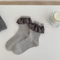 Light grey ribbed ballet-style socks with dark grey ruffles and black bow embroidery - One Size / Light Gray