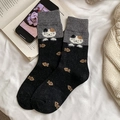 Cute black and grey contrast crew socks with fluffy calico cat and fish pattern - Cat(Black/Grey)