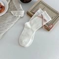 White crew socks with pink plaid bow and scalloped edges in a sweet vintage style - One Size / White