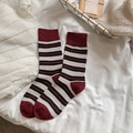 Burgundy and black striped wool crew socks in a cozy knit texture for autumn wear - One Size / Burgundy