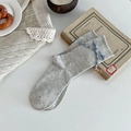 Light gray cotton mid-calf socks with blue checkered bow and scalloped lace trim - One Size / Light Gray