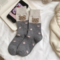 Mid-calf cotton socks in dark grey with cute brown bear and pink heart pattern motifs - Bear(Beige/Dark Grey)