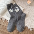 Gray mid-calf wool socks featuring cute cartoon cat patterns and blue ribbon bow accents - Gray