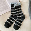 Schwarze und weiße gestreifte Crew-Socken für Damen mit hellblauen Rollbündchen - Hellblau