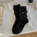Ballet style black mid-tube socks with ribbon bows and lace trim for women - Black Bow