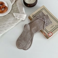 Coffee brown knit mid-calf socks with plaid bow and scalloped lace trim details - One Size / Light Coffee