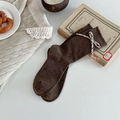 Dark brown mid-calf socks featuring delicate ruffle edges and vintage plaid bows - One Size / Dark Coffee