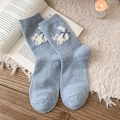 Light blue knit socks with cute cartoon cat and bow design in academic style - Blue