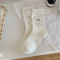White ballet-style mid-calf socks with silk bows and elegant ML letter embroidery - White Bow Pattern