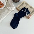 Navy blue cotton mid-calf socks with vintage plaid bow and wavy ruffle edge details - One Size / Navy Blue