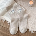 Cozy oatmeal wool socks featuring cute cartoon cat and blue bow in preppy style - One Size / Khaki