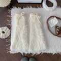 Plush faux fur leg warmers in creamy white with ribbon bows for winter aesthetic - White