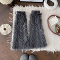 Dark grey faux fur leg warmers with drawstring ribbons for Y2K winter fashion style - Gray