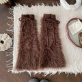 Brown fluffy leg warmers with bows and elastic cuffs in a cozy indoor setting - Coffee