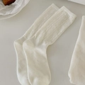 Japanese style white mid-calf socks featuring geometric wave knit texture and soft cotton - White