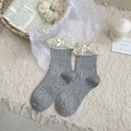 Light gray mid-calf cotton rib socks with cream lace trim and delicate ribbon bows - One Size / Light Gray