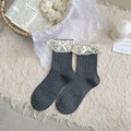 Dark gray mid-calf socks with white lace trim and satin bow detail for JK style - One Size / Medium Grey