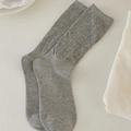 Solid grey mid-calf cotton socks with hollow knit V-pattern and ribbed texture - Medium Grey
