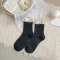 Dark gray ribbed mid-calf socks featuring white lace trim and satin bows for women - One Size / Dark Gray