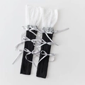 Black ribbed knit leg warmers with white lace trim and grey satin bows in Lolita style - Black with White