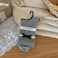 Mid-calf grey polka dot socks with white stripes and a black velvet bow accent - Velvet Bow (Light Grey/Striped)