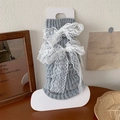 Grey knit leg warmers with white lace bows and vertical ribbed texture for women - One Size / Light Gray