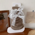 Jambières en tricot marron avec nœuds en dentelle blanche et texture à côtes verticales - Taille unique / Café Clair