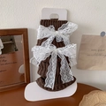 Jambières en tricot marron foncé avec nœuds en dentelle blanche style Lolita - Taille unique / Café Foncé