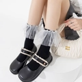 Elegant black Mary Jane shoes with lace and pearl-embellished tulle socks set - Black