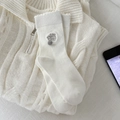 Beige mid-calf sock with pom-poms, lace trim and cute cartoon cat embroidery - One Size / White