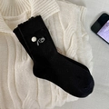Black cotton socks with white cat embroidery and cute pom-pom for daily wear - One Size / Black