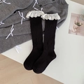 Sweet ballet style black knee-high socks with white floral lace trim and rib texture - One Size / Black