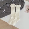 Cream white knee-high lace socks with wavy knit hollow pattern and floral lace trim - One Size / White