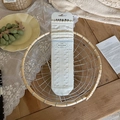 Beige knit crew socks featuring vintage embossed dots and elegant scalloped lace edges - One Size / Cream