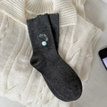 Dark grey crew socks featuring cute 3D blue pompom and cat embroidery in Japanese style - One Size / Dark Gray