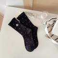 Black polka dot cotton crew socks with ruffle cuff and cat embroidery details - One Size / Black