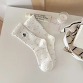 White cotton crew socks with grey polka dots and cute cat embroidery on side - One Size / White