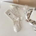 Oatmeal knit socks with black polka dots, cat embroidery and lettuce edge cuffs - One Size / Beige