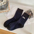 Mid-calf black socks with blue stripes and white Bee letter embroidery label - One Size / Black