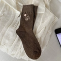 Dark coffee crew socks with white cat embroidery and a pink pom-pom decoration - One Size / Dark Coffee