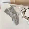 Light gray cotton socks with black polka dots and cute cat embroidery for women - One Size / Light Gray