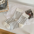 Women's white crew socks with black stripes and bee embroidery in preppy style - One Size / White