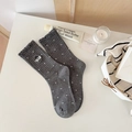 Gray high-waist knit cotton socks with white polka dots and cute cat embroidery - One Size / Dark Gray