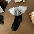 Calze nere alte stile Lolita con volant in pizzo bianco e decorazioni di perle - Taglia unica / Nero