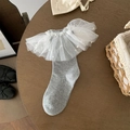 Calze grigie stile Lolita con bordo in pizzo bianco a strati e perle decorative - Taglia unica / Grigio