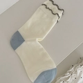Japanese style cream white crew socks with blue heel and grey ruffle trim detail - White Vertical Striped
