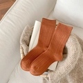 Women's orange ribbed cotton crew socks in minimalist solid color knit style - One Size / Orange